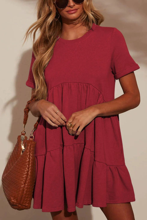 Tiered Round Neck Short Sleeve Mini Dress - Odaingerous